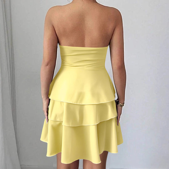 Damen Schulterfreies Rüschenkleid mit schwingendem Saum und elegantem Design EB