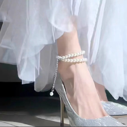 Damen glamouröse High Heels mit funkelndem Perlenschmuck EB