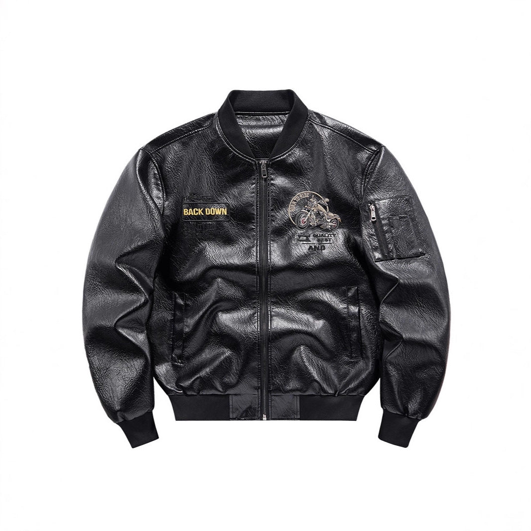 Herren Biker Lederimitat Bomberjacke mit Stickpatches und Ärmeltasche EB