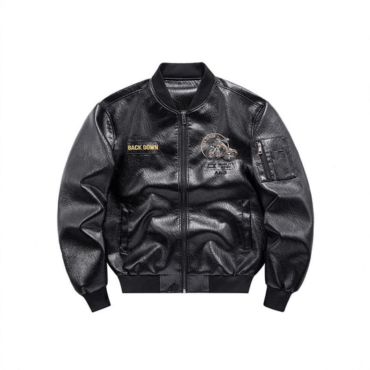 Herren Biker Lederimitat Bomberjacke mit Stickpatches und Ärmeltasche EB