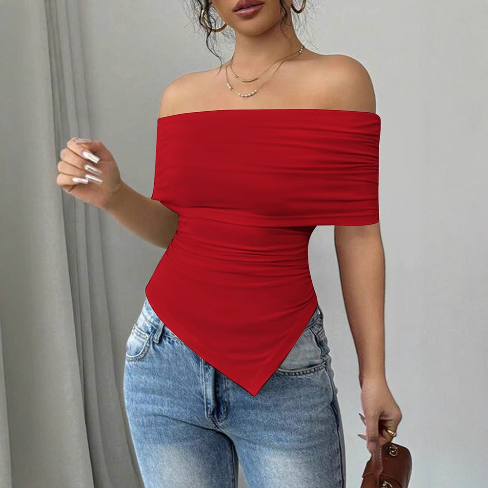 Damen Off-Shoulder Blusenshirt mit asymmetrischem Saum und Raffung EB