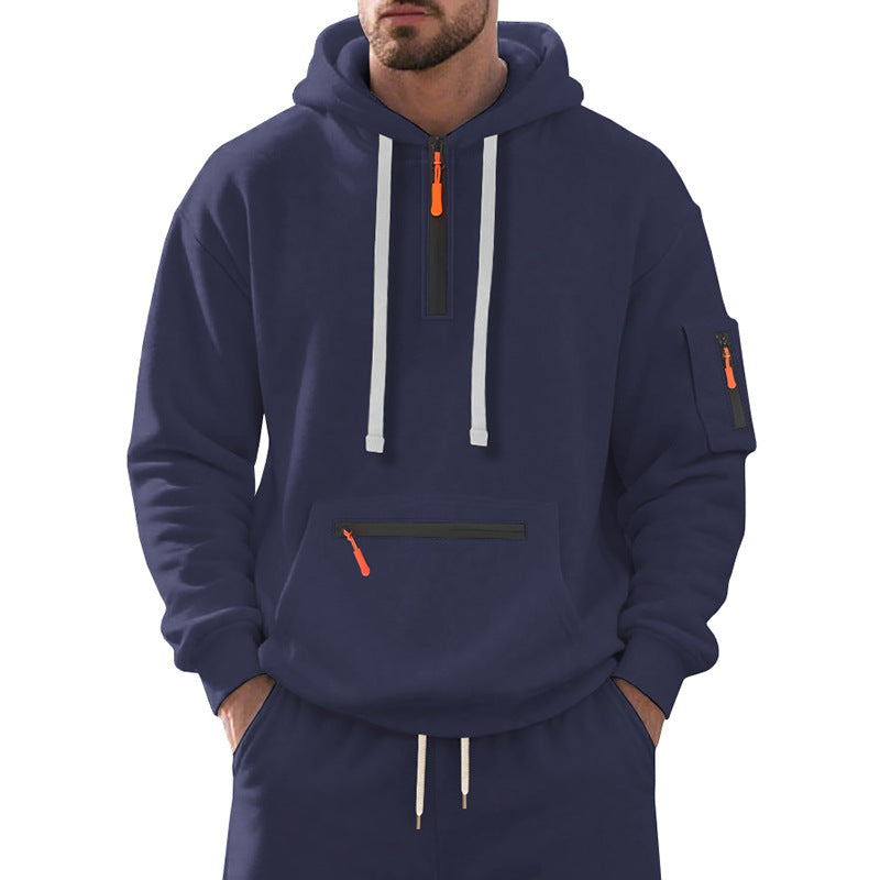 Herren nan technischer Freizeit-Hoodie mit kurzem mittigem Reißverschluss, Reißverschluss-Kängurutasche und Ärmeltasche EB