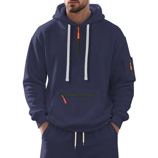 Herren nan technischer Freizeit-Hoodie mit kurzem mittigem Reißverschluss, Reißverschluss-Kängurutasche und Ärmeltasche EB