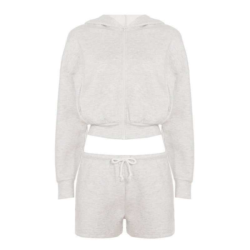 Damen nan kurzes Kapuzen-Hoodie und Drawstring-Shorts Lounge-Set mit durchgehendem Reißverschluss und taillenhohem Bindebund EB