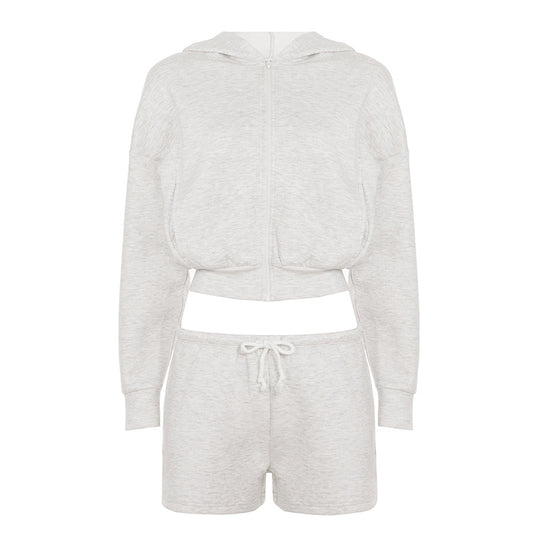 Damen nan kurzes Kapuzen-Hoodie und Drawstring-Shorts Lounge-Set mit durchgehendem Reißverschluss und taillenhohem Bindebund EB