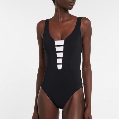 Damen eleganter Einteiler mit raffiniertem Transparentstreifen und voluminösem Maxi-Rock EB