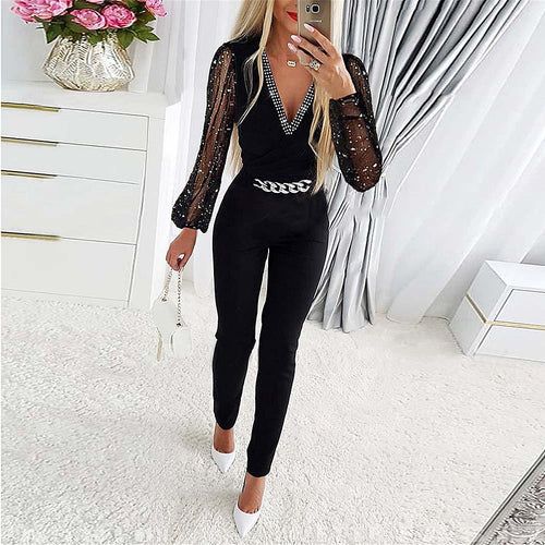 EB | Jumpsuit Slim Passform V-Ausschnitt mit Diamantdetails Schnittärmel Kettengürtel