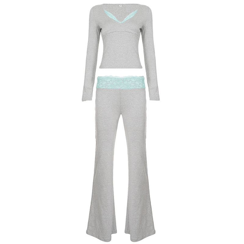 Damen nan Lounge-Set mit Spitzenbund, V-Ausschnitt und ausgestellter Schlaghose EB