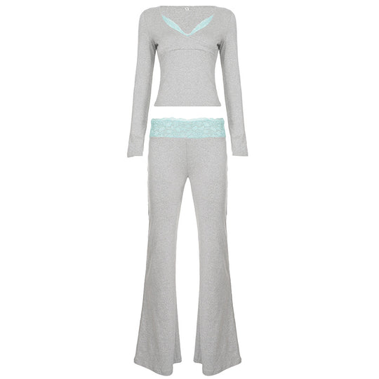 Damen nan Lounge-Set mit Spitzenbund, V-Ausschnitt und ausgestellter Schlaghose EB