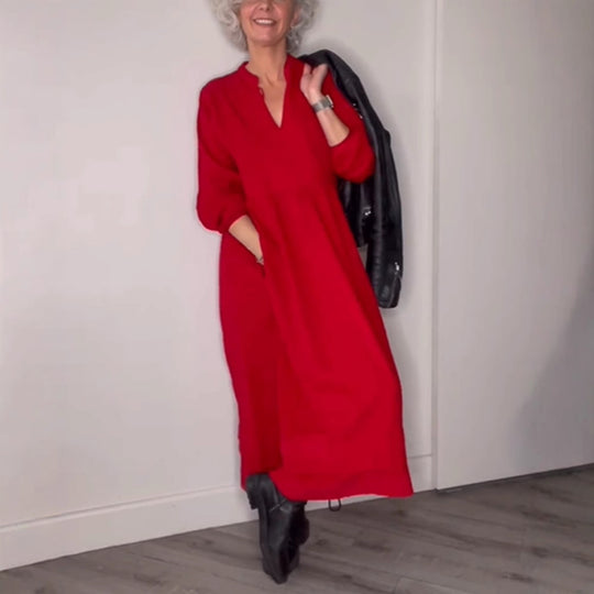 Damen Maxikleid mit elegantem V-Ausschnitt und bequemen langen Ärmeln EB
