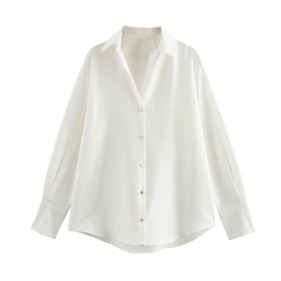 Damen nan oversized Satinbluse mit Hemdkragen, verlängerten Manschetten und abgerundetem Saum EB