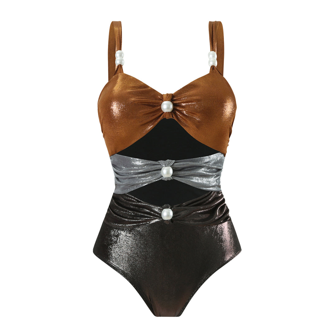 Damen Einteiler Badeanzug mit stilvollen Drapierungen und Perlendetails EB