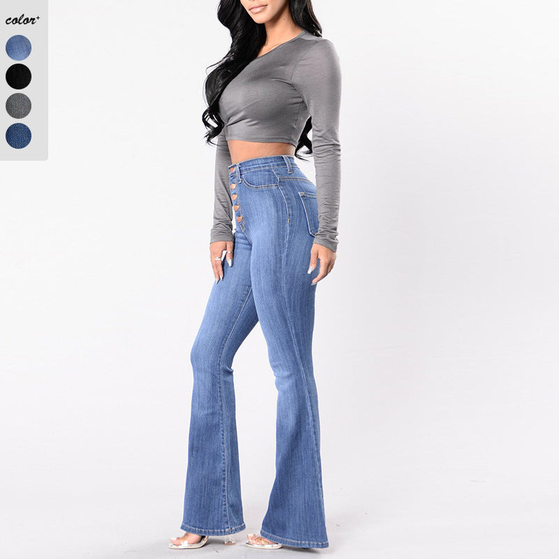 Damen Flared Jeans mit hohem Bund und dekorativer Knopfleiste EB