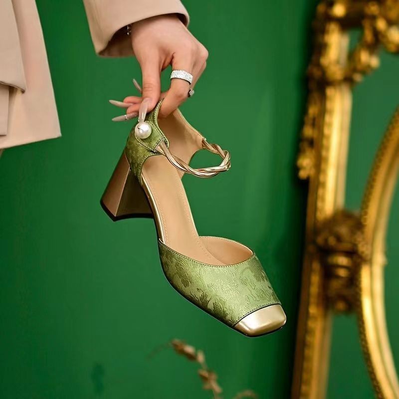 Damen nan elegante Slingback-Pumps mit quadratischer Zehenform, Jacquard-Obermaterial und gedrehtem Schmuckriemen EB
