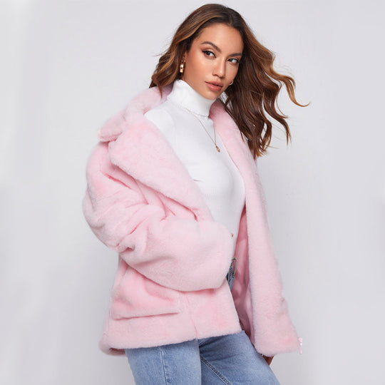 Damen Flauschige und stylische Freizeitjacke mit tiefem Reverskragen EB
