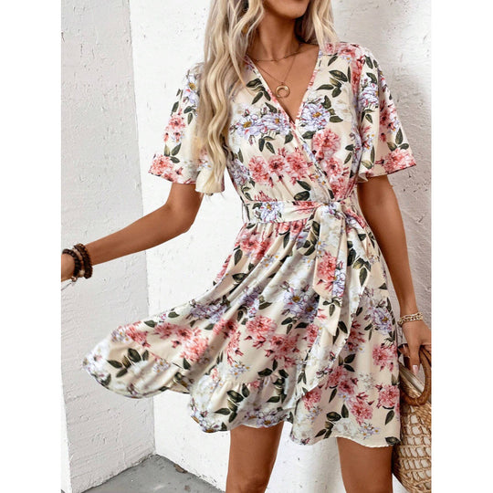Damen Blumengemustertes Wickelkleid mit Taillengürtel EB