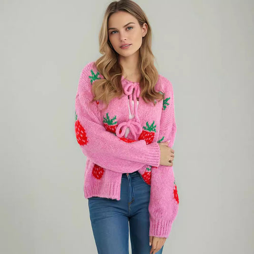 Damen kuscheliger Pullover mit fruchtigem Erdbeer-Motiv EB