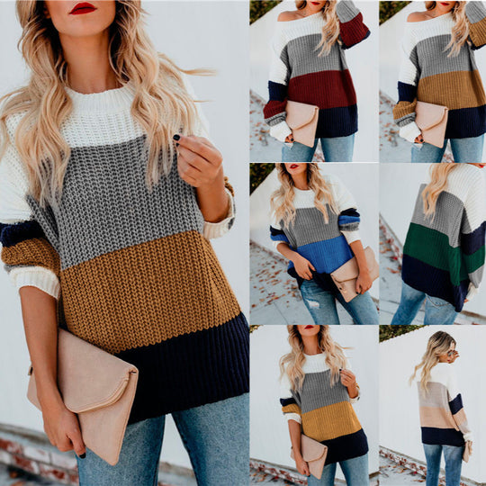 Damen Strickpullover mit blockfarbigem Muster und lockerem Schnitt EB