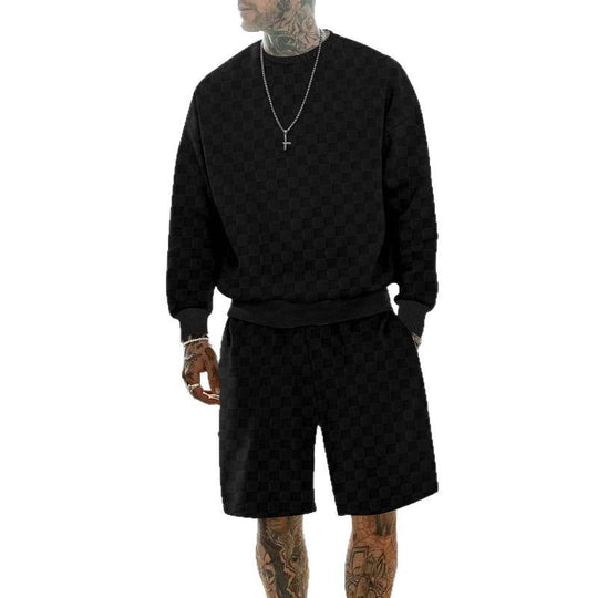Herren nan oversized Waffelstrick-Lounge-Set mit Crewneck-Sweatshirt und knielangen Bermuda-Shorts EB