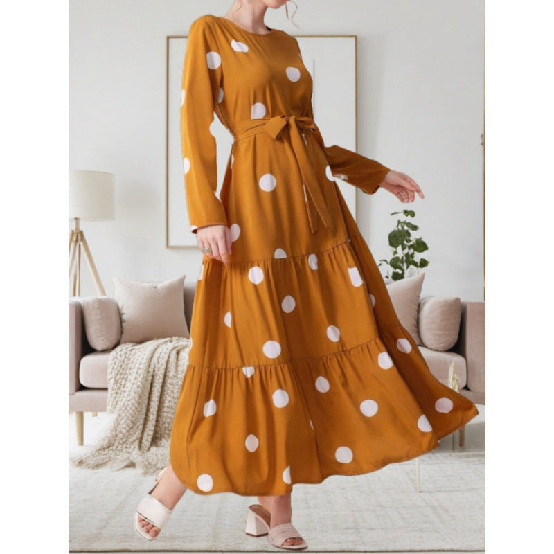 Damen Maxikleid mit buntem Polka-Dot-Muster und Taillengürtel EB