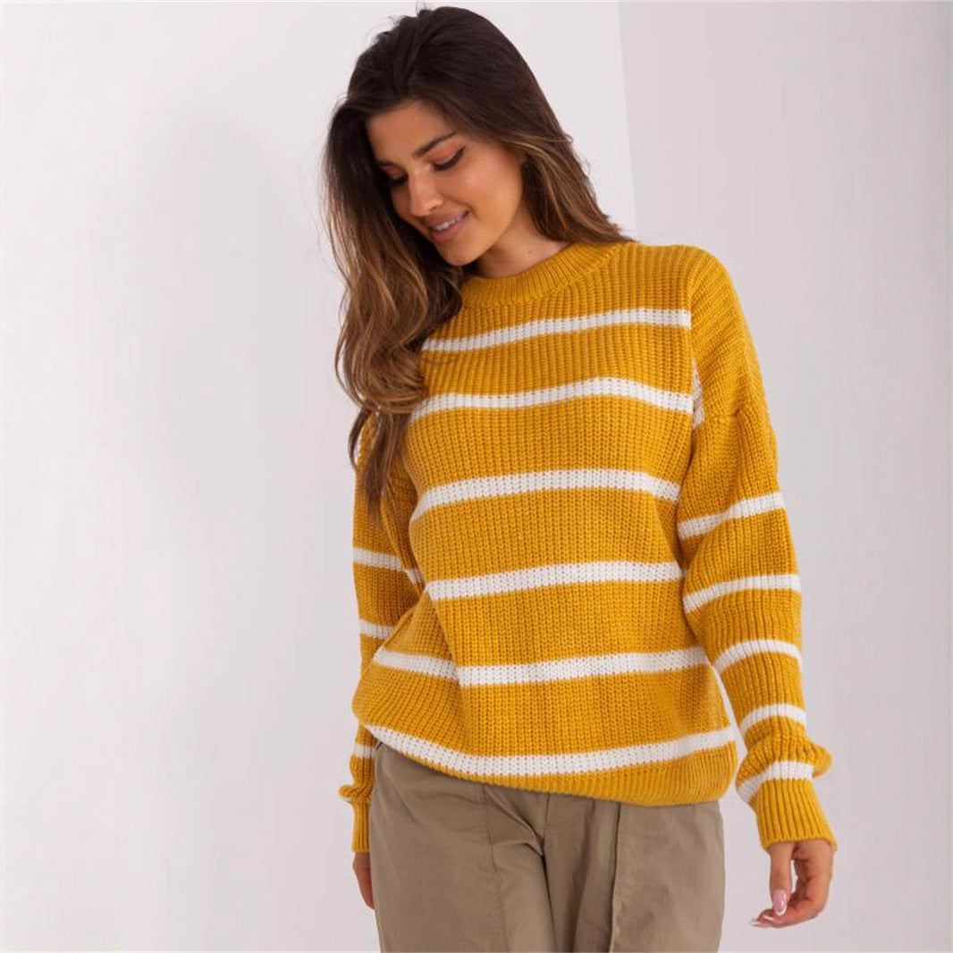 Damen lässiger Strickpullover mit modernem Streifenmuster und weitem Schnitt EB