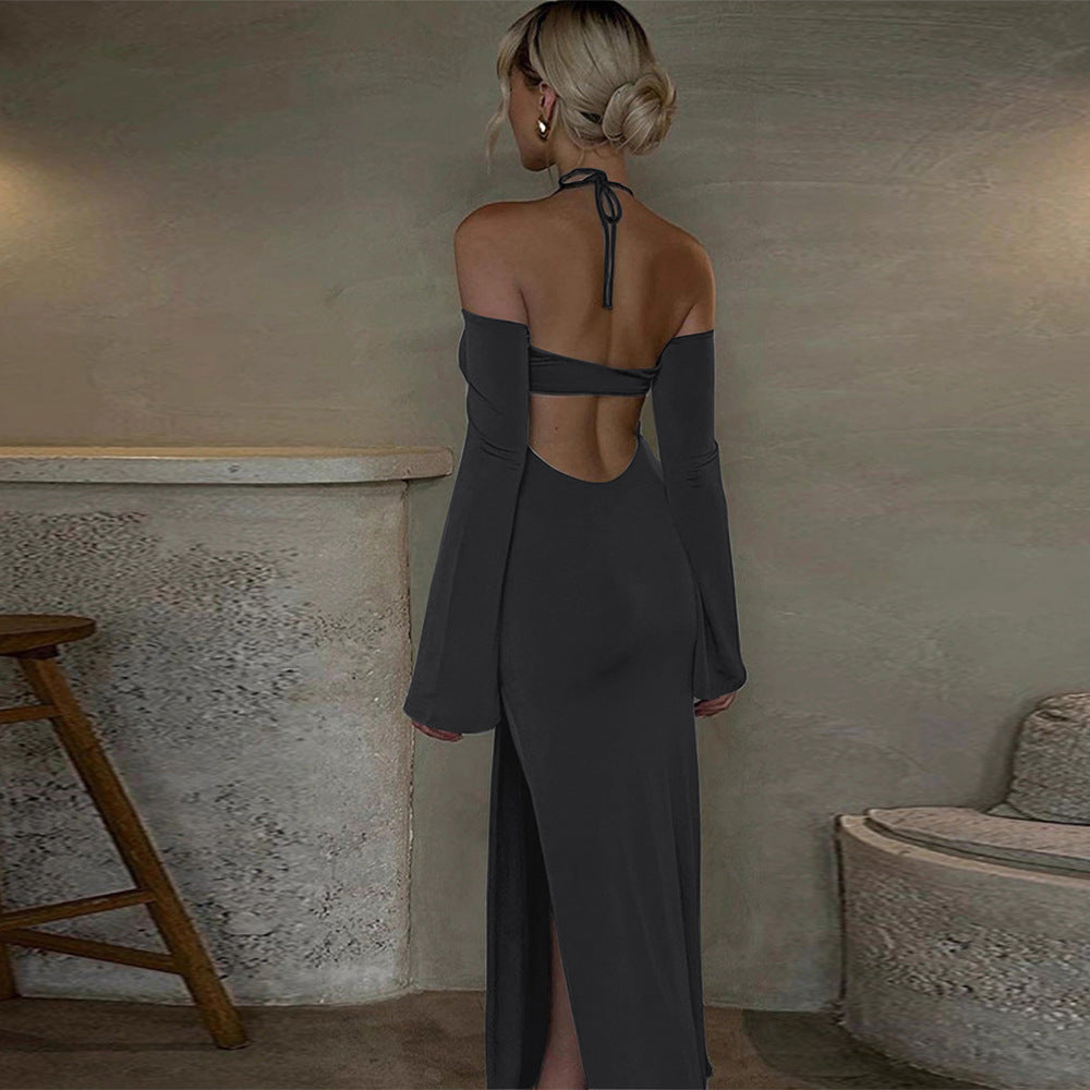 Damen langes Abendkleid mit Neckholder und schulterfreiem Bell-Ärmel, figurbetonter Taillenraffung und hohem seitlichem Beinschlitz Eichborn Berlin