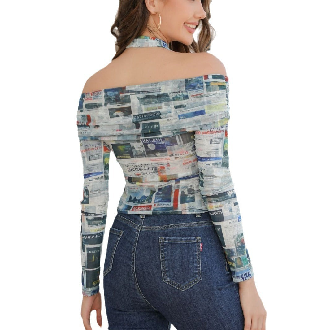 Damen Off-Shoulder Top mit kreativem Zeitungsdruck und enganliegender Passform EB