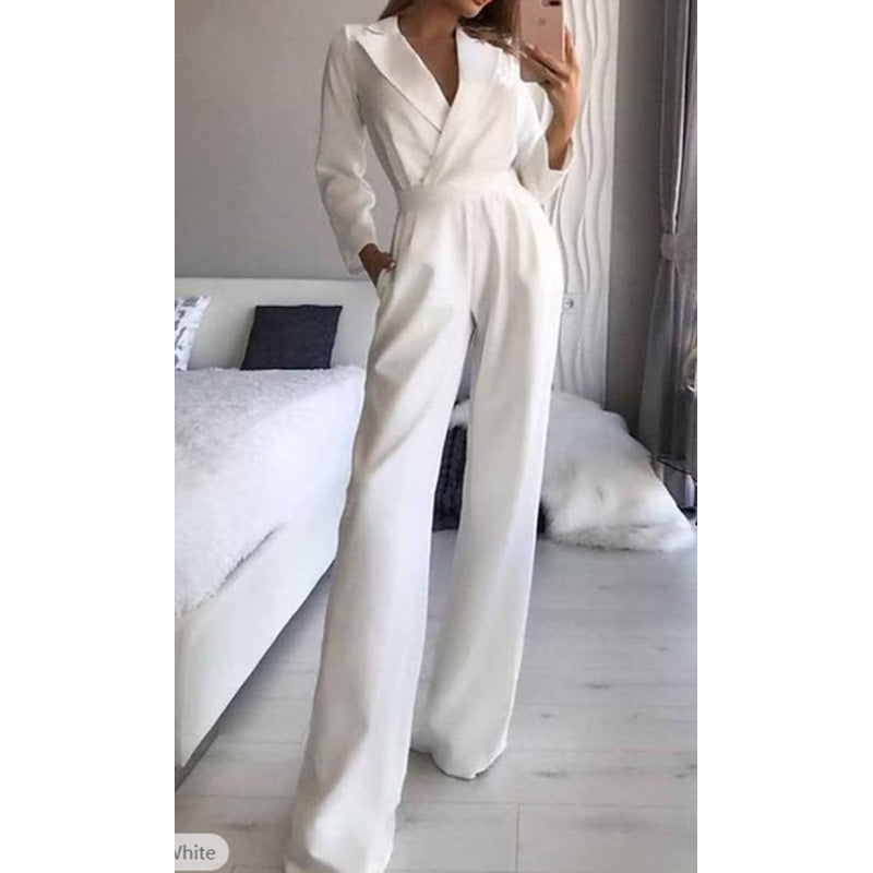 Damen eleganter Jumpsuit mit langem Bein und klassischem Schauspielkragen EB