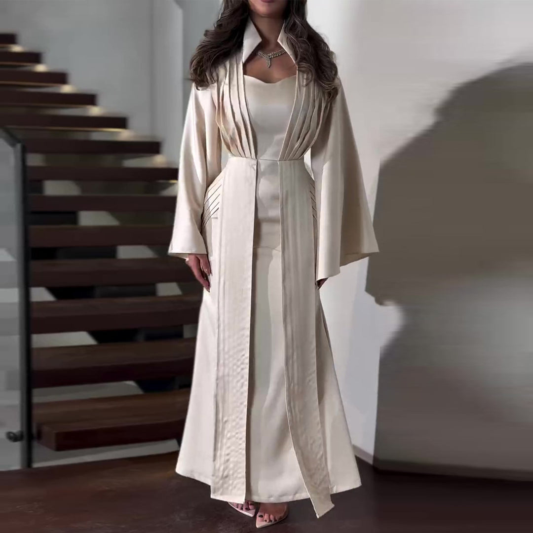 Damen elegantes Maxikleid mit schickem Taillenschnitt und luxuriösem Satinbesatz EB