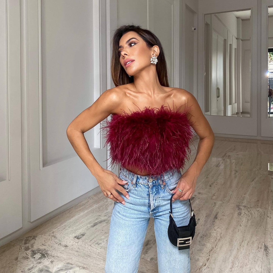 Damen Glamouröses Plüsch-Top mit abnehmbaren Trägern und fransigen Details EB