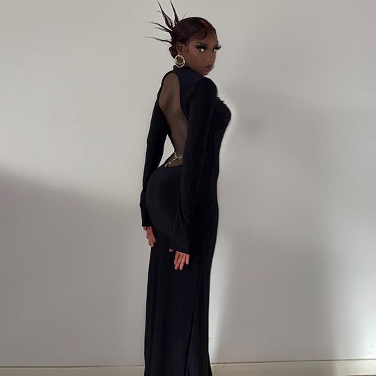 Damen Rückenfreies Maxikleid mit eleganter Rückenansicht und transparenten Ärmeln EB