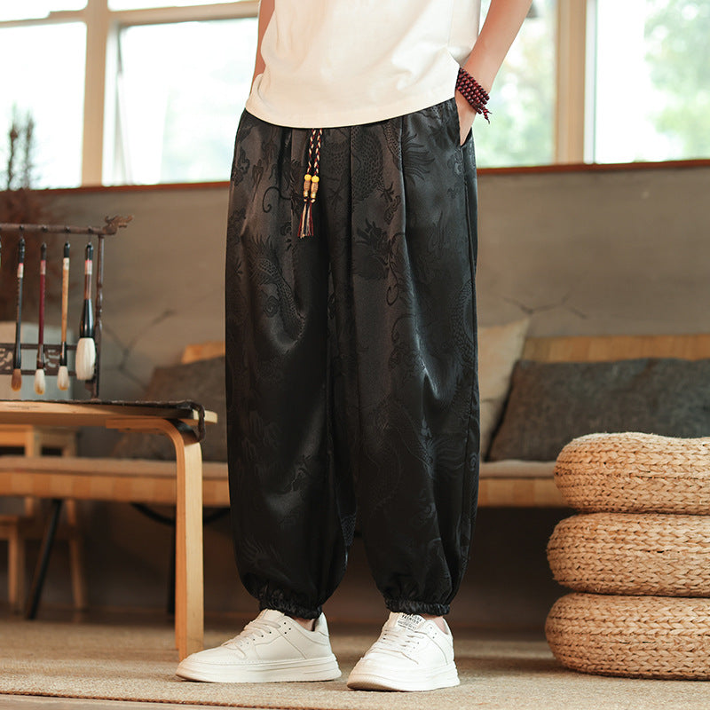 Herren nan weite Jacquard-Satin-Haremshose mit Tunnelzug, elastischen Bündchen und traditionellem Drachenmotiv EB