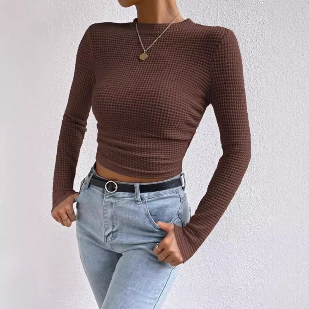 Damen modisches langärmliges Crop-Top mit Waffelstruktur EB