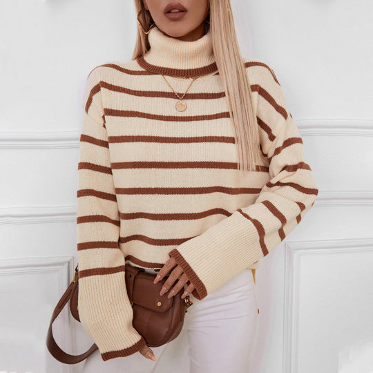 Damen modischer Rollkragenpullover mit breiten Streifen und lässigem Schnitt EB