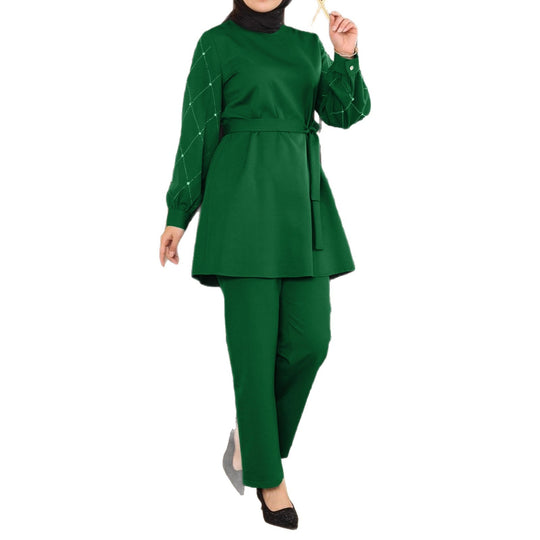 Damen Elegantes zweiteiliges Tunika-Set mit Taillengürtel und Zierärmeln EB