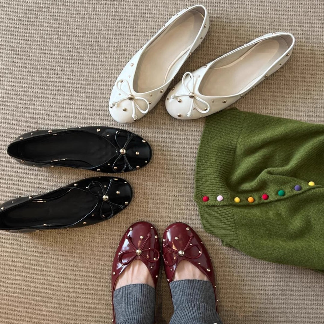 Damen Ballerinas mit modischem Schleifendesign und dekorativem Perlenbesatz EB