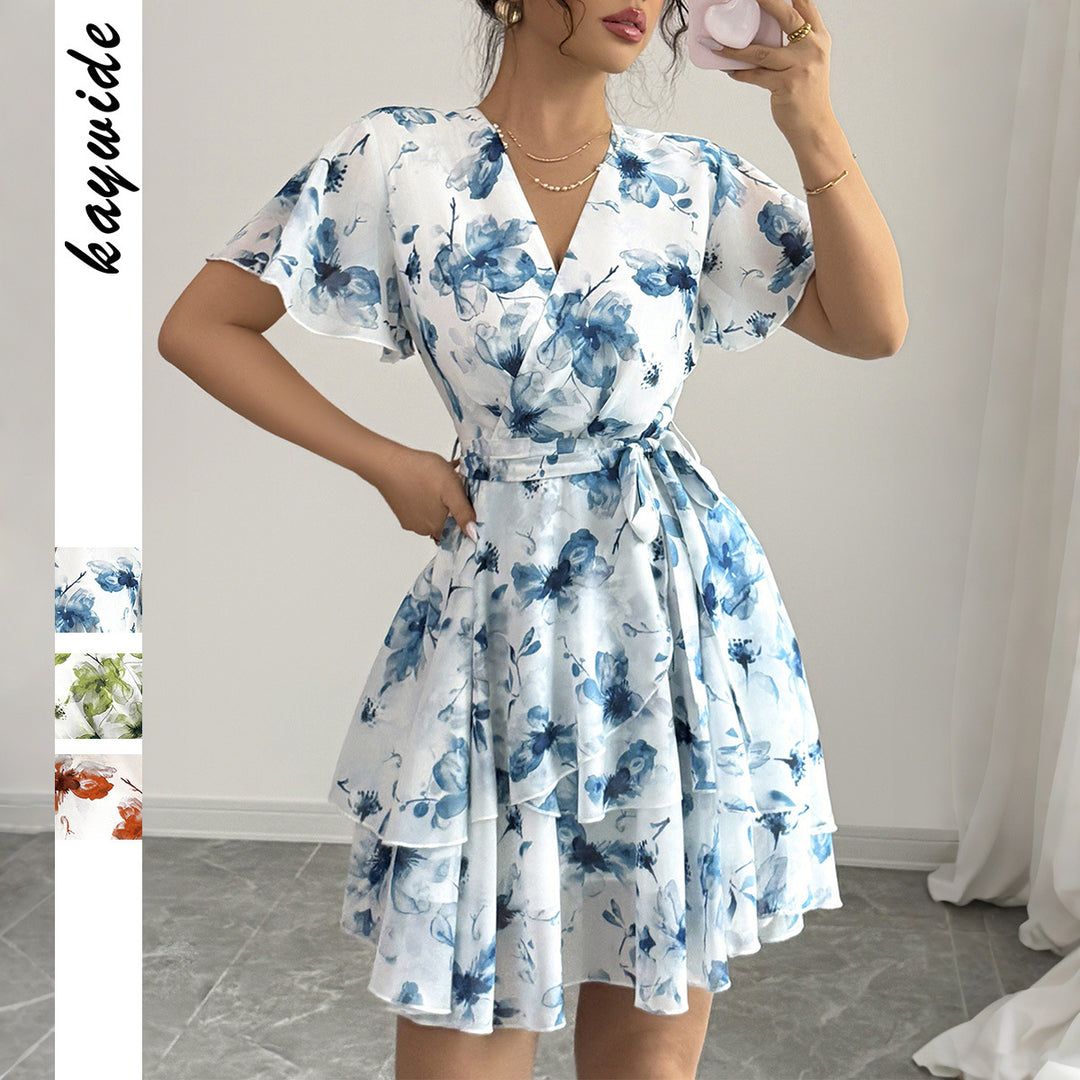 Damen Wickelkleid mit floralem Muster und schwingendem Rock EB