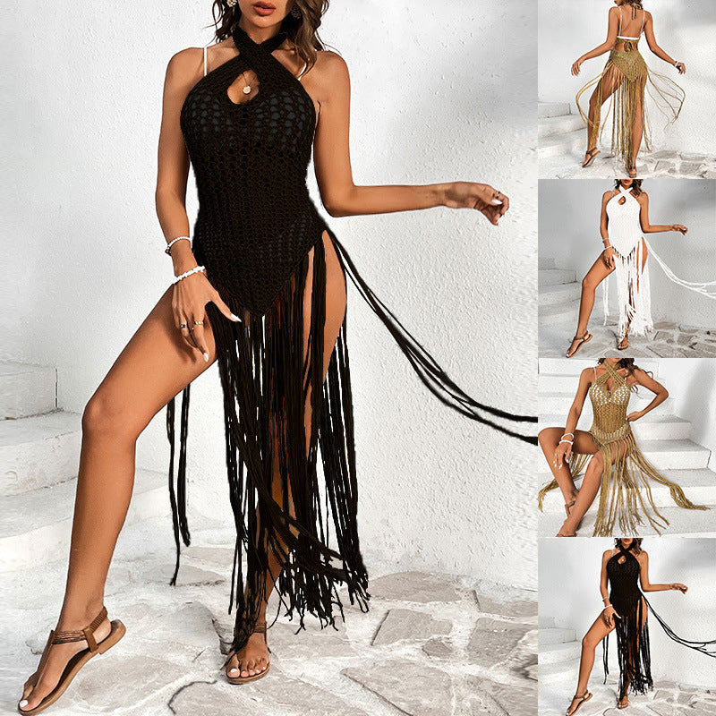 Damen Häkel-Strandkleid mit fransigen Akzenten und einzigartigem Rückenausschnitt EB