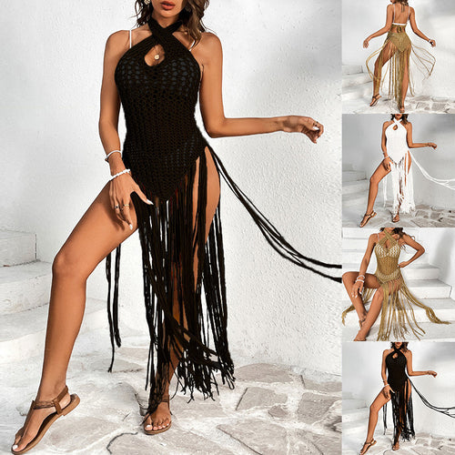 Damen Häkel-Strandkleid mit fransigen Akzenten und einzigartigem Rückenausschnitt EB