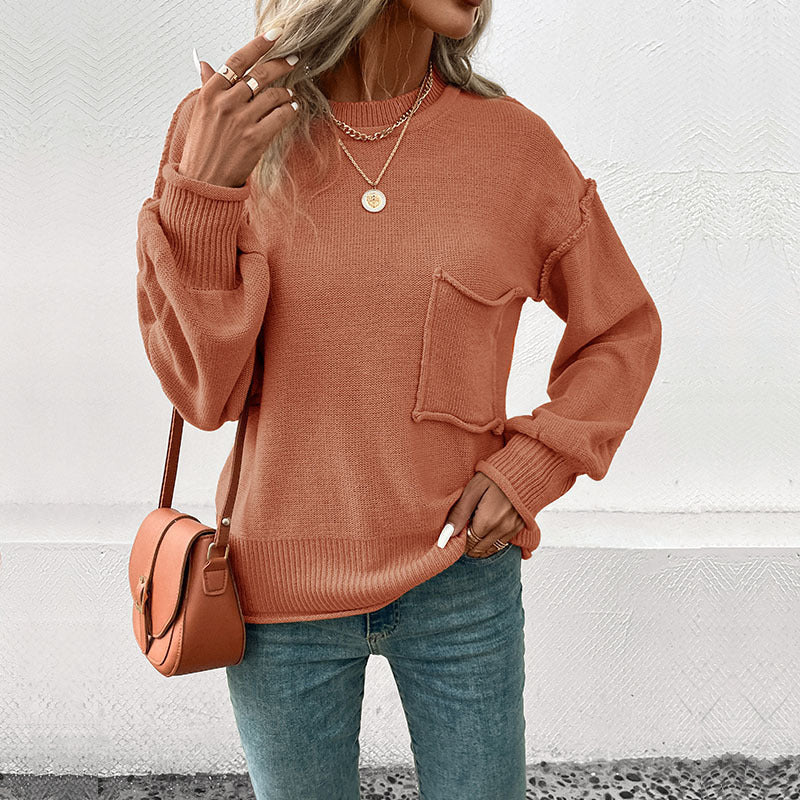 Damen lässiger Pullover mit voluminösen Ärmeln und praktischer Taschendetail EB
