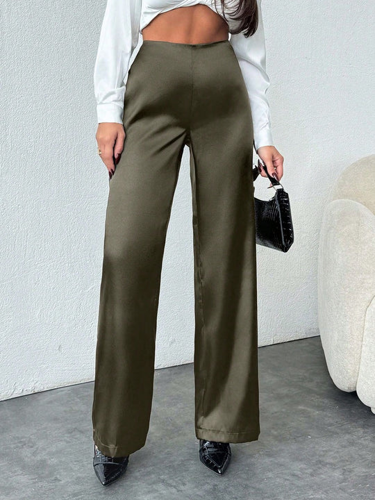 Damen elegante, weite Satin-Hose mit hohem Bund und fließendem Schnitt EB
