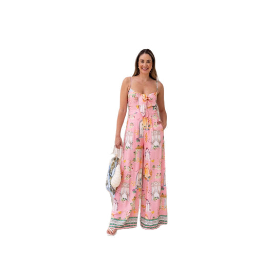 Damen langes Sommerkleid mit verspieltem Dekolleté und buntem Muster EB