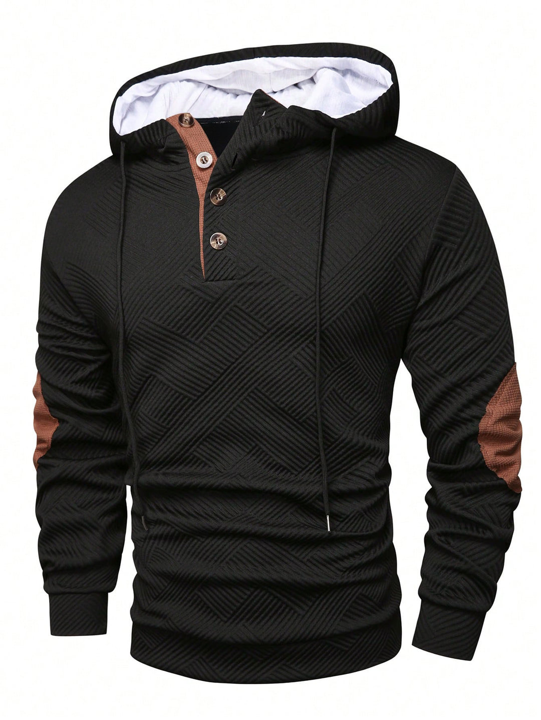 Herren nan strukturierter Kapuzenpullover im Henley-Stil mit Kontrastbesatz und Ellenbogenaufnähern EB