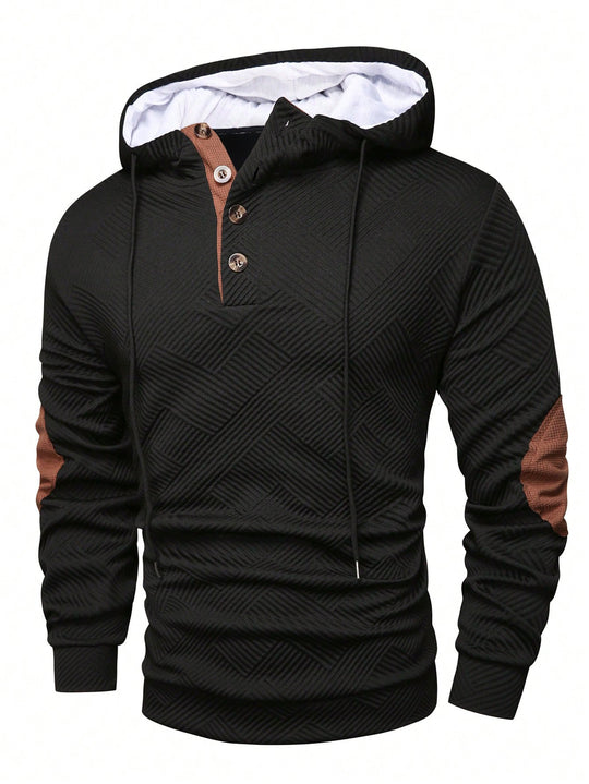 Herren nan strukturierter Kapuzenpullover im Henley-Stil mit Kontrastbesatz und Ellenbogenaufnähern EB