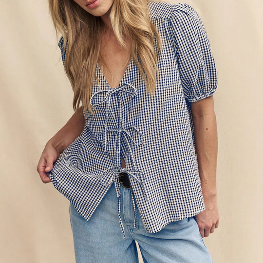 Damen Bluse mit Knoten-Detail und Puffärmeln EB