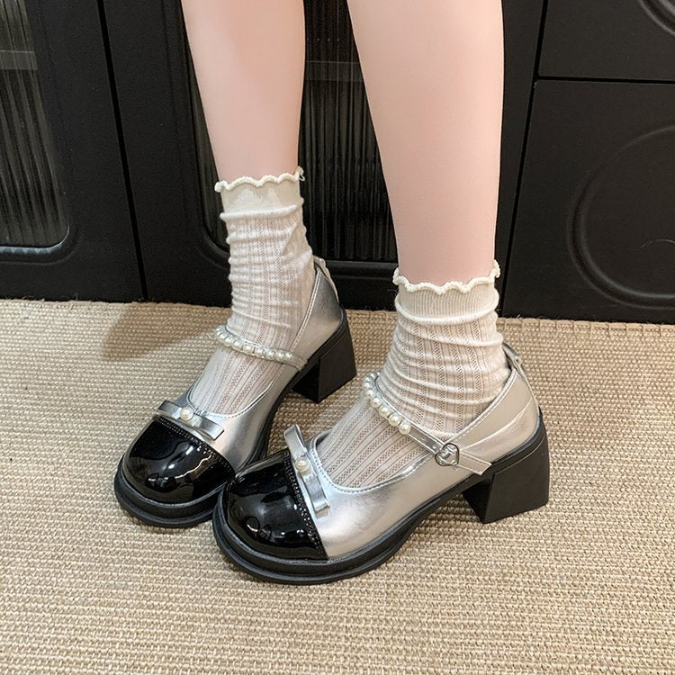 Damen elegante Mary Jane Pumps mit Perlenschmuck EB