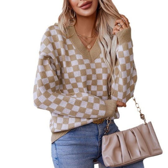 Damen lässiger V-Ausschnitt Pullover mit Karo-Muster und lockerer Passform EB
