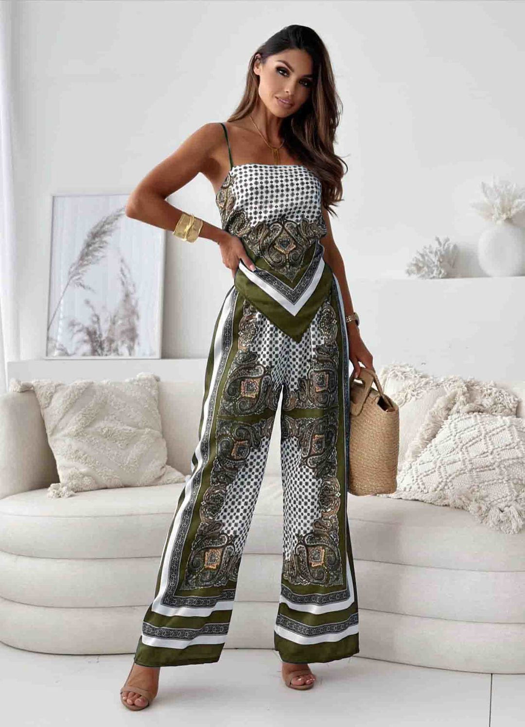 Damen Jumpsuit im eleganten Boho-Stil mit dekorativen Mustern und weitem Bein EB