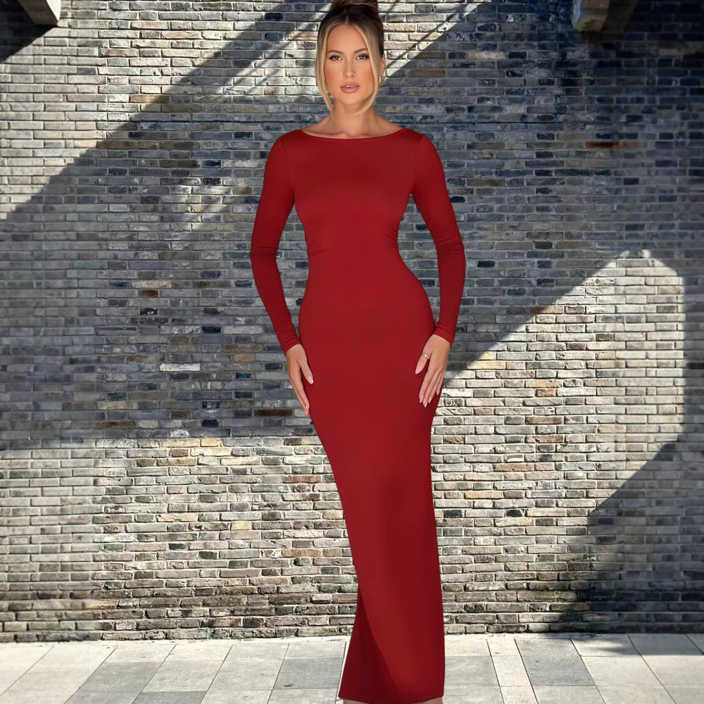 Damen Langarm-Maxikleid mit figurbetonter Silhouette und elegantem Ausschnitt EB