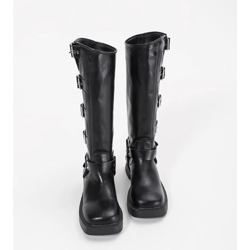 Damen Stiefel mit modischen Schnallen und robustem Blockabsatz EB
